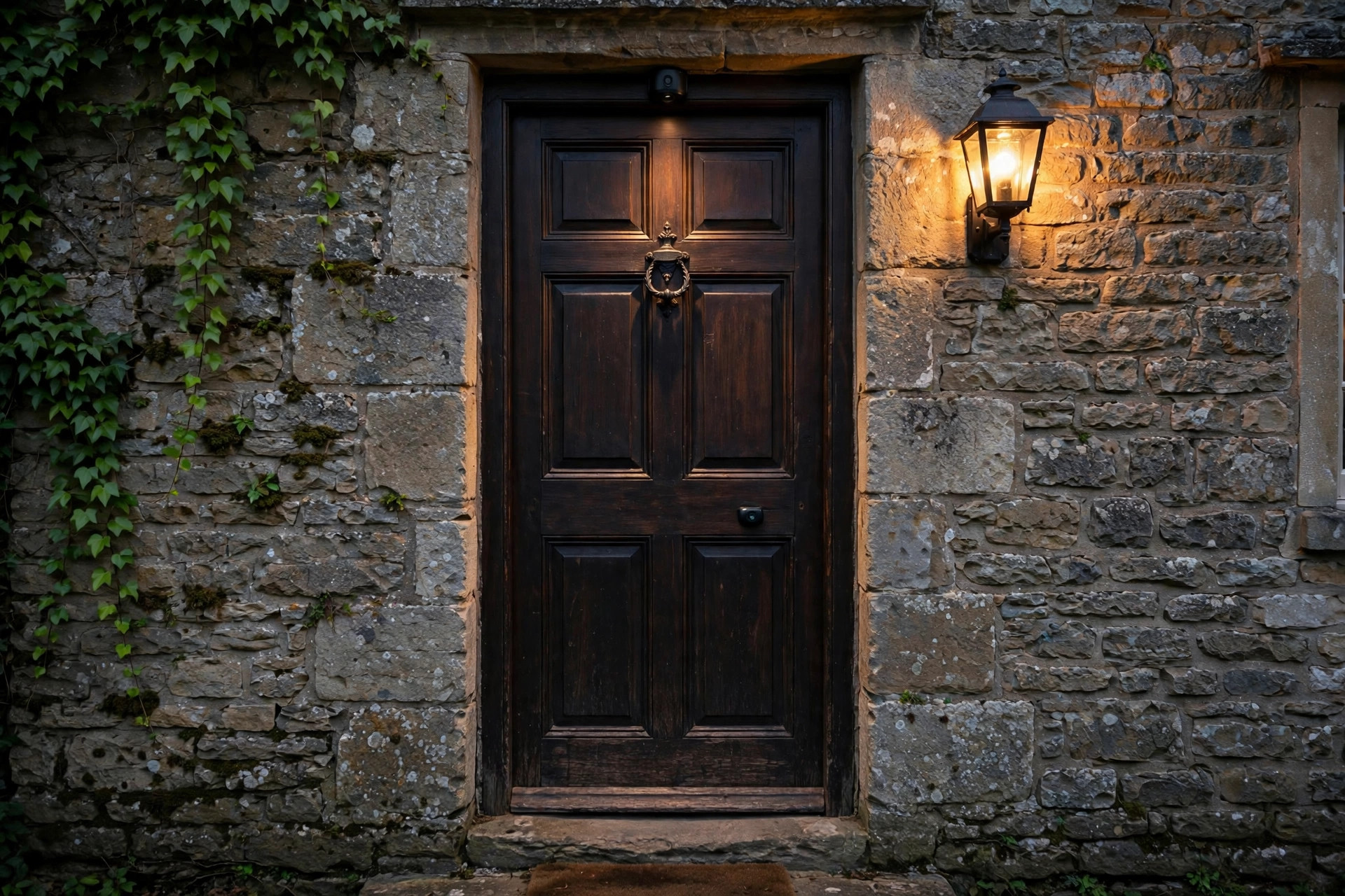 Paneled timber entrance door with an integrated security camera