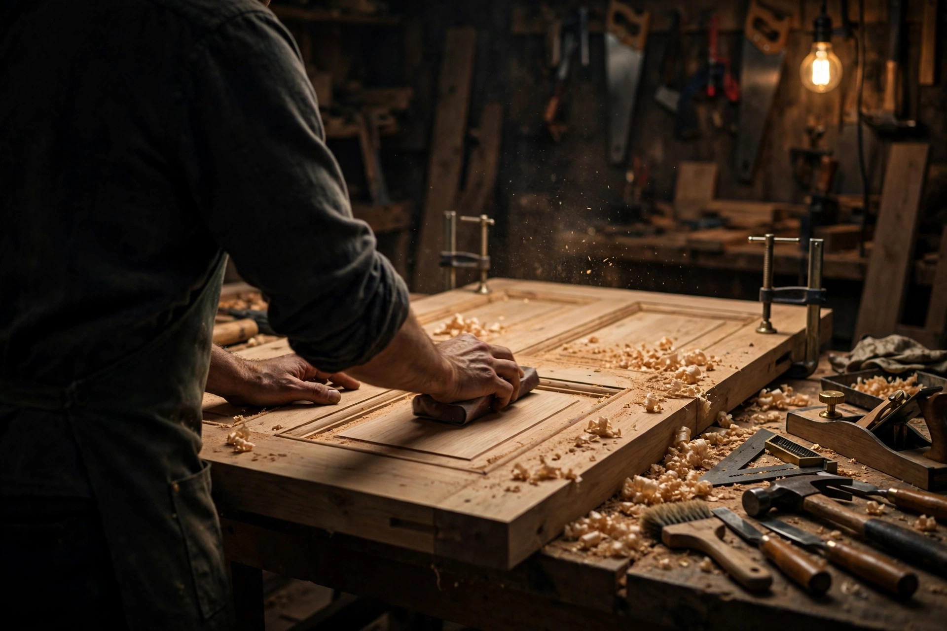 Door leaf being finished in a joinery workshop in Oran