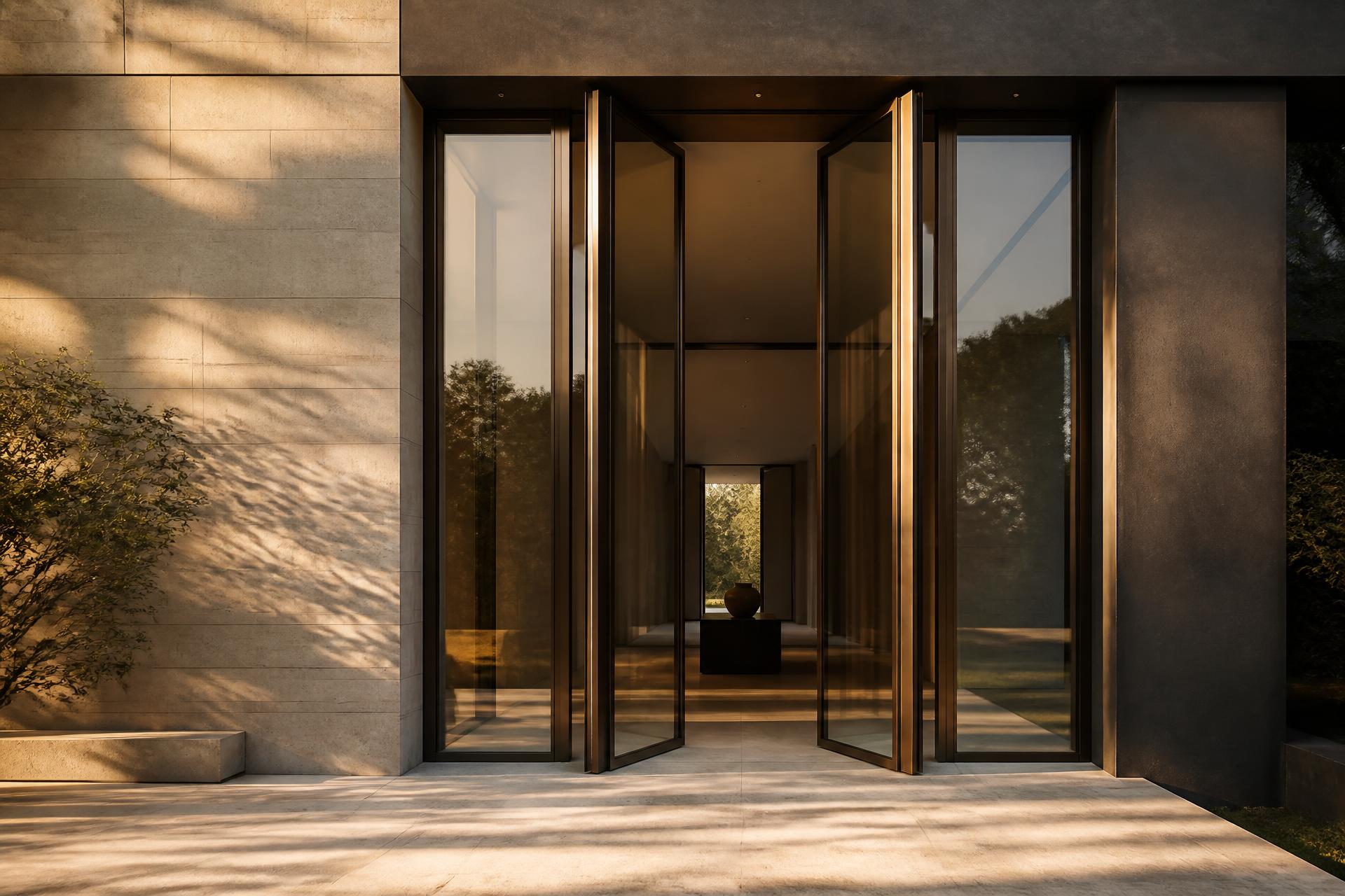 Bronze-framed pivot entry doors set into a stone and concrete building facade at golden hour